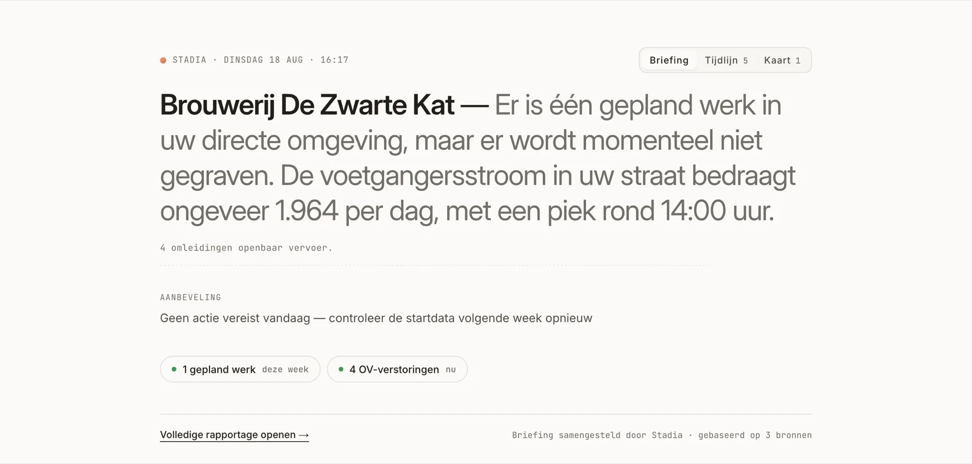 Stadiq-dashboard voor Brouwerij De Zwarte Kat: één gepland werk in de buurt, vier omleidingen van het openbaar vervoer, en de voetgangersstroom in de straat.